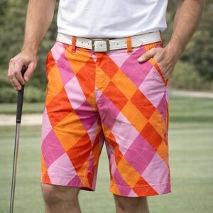 Loudmouth Raspberry Surebet Argyle Golf Shorts Pink Orange Retro Bermuda 32
